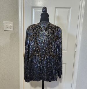 80s Jewel Queen Iridescent Beaded Gokd Leaves Black Sequin Blazer XL